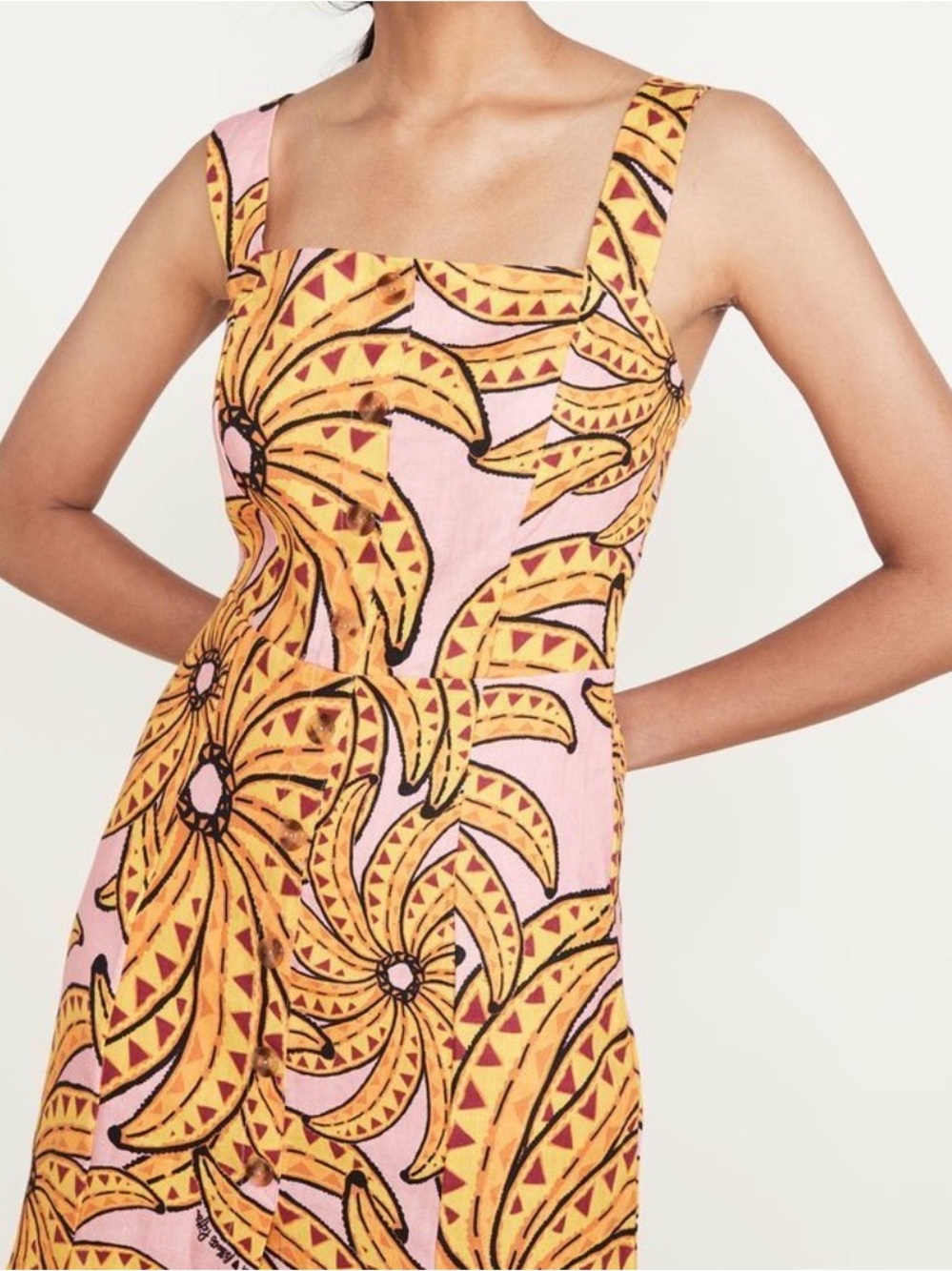 Farm Rio Summer Square-Neck Banana Print Floral Midi Dress in Pink and Yellow